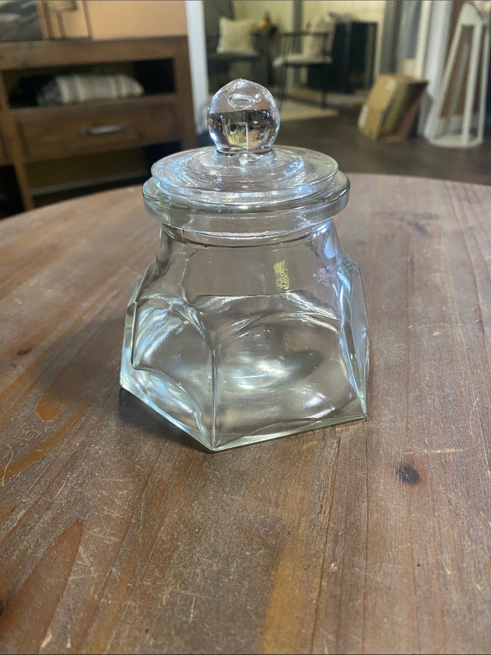 Clear Glass Hexagonal Trinket Jar with Lid vintage